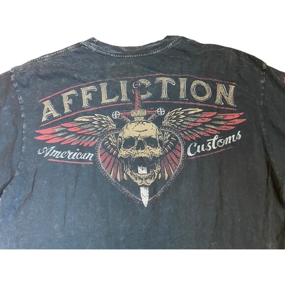 Affliction Mens Live Fast American Customs T-Shirt Size XL Black Y2K Skull Sword - Picture 4 of 10
